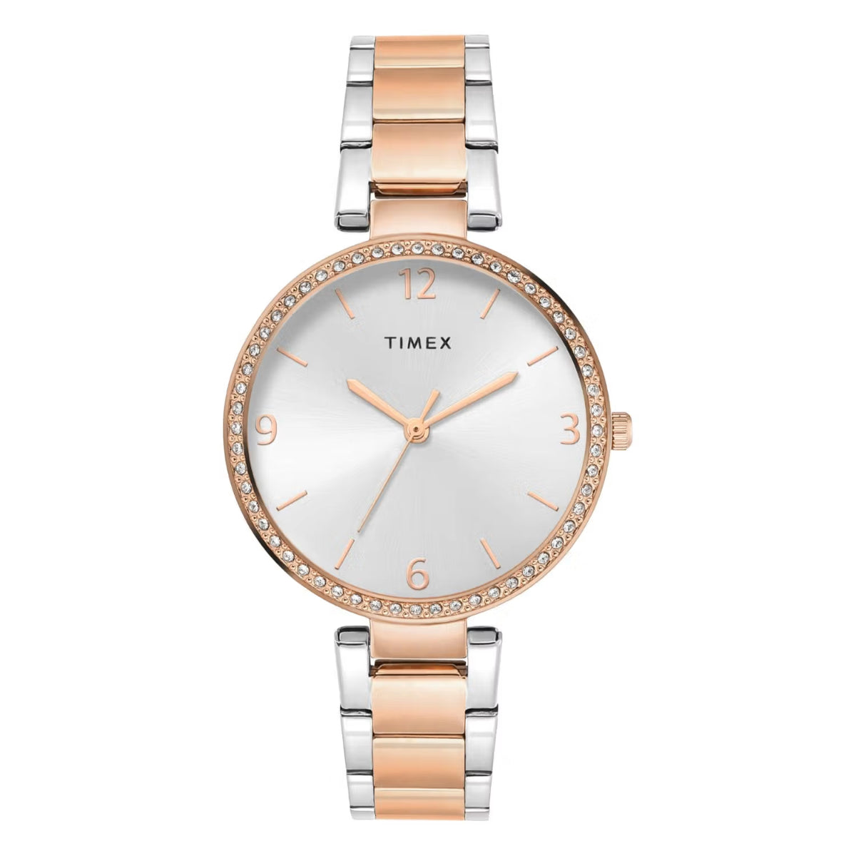 Timex watch with two-tone rose gold and silver bracelet on a white background