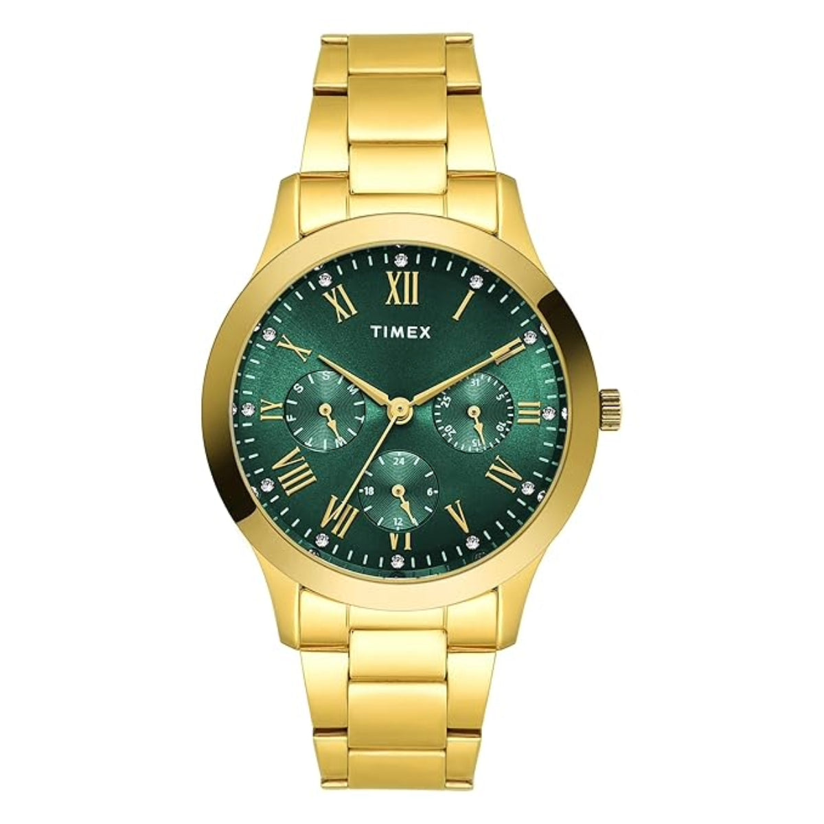 Gold Timex watch with a green face on a white background