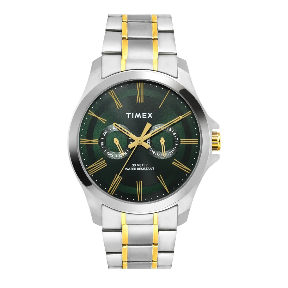       TW000X130 Timex Men Analog Green Round Brass Dial Watch – Sai Creations Watches