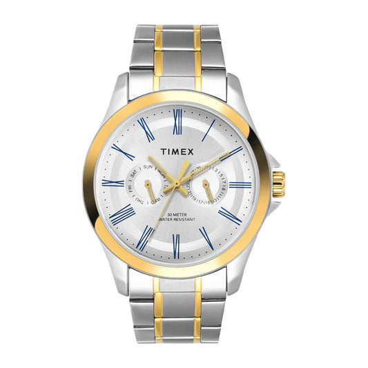 TW000X134 Timex | Analog Silver Round Brass Dial Watch (Men)