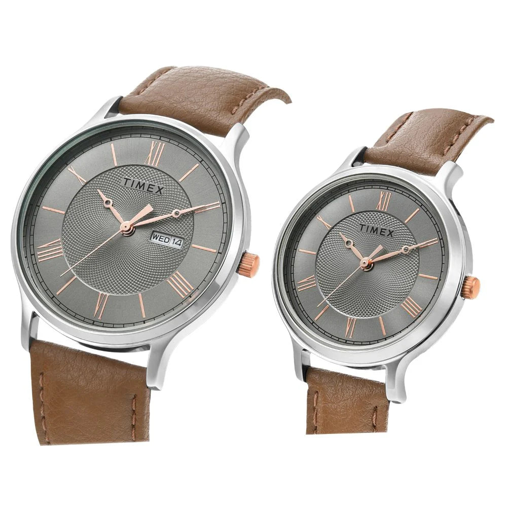 Timex Couple Grey Analog Leather Watch - TW00PR300