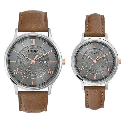 Timex Couple Grey Analog Leather Watch - TW00PR300