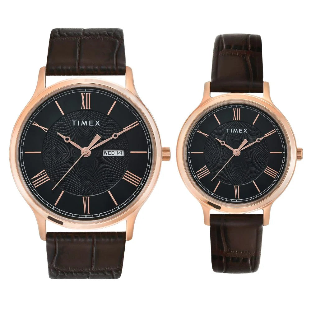Timex Pairs Black Round Analog Brass Dial Watch - TW00PR301