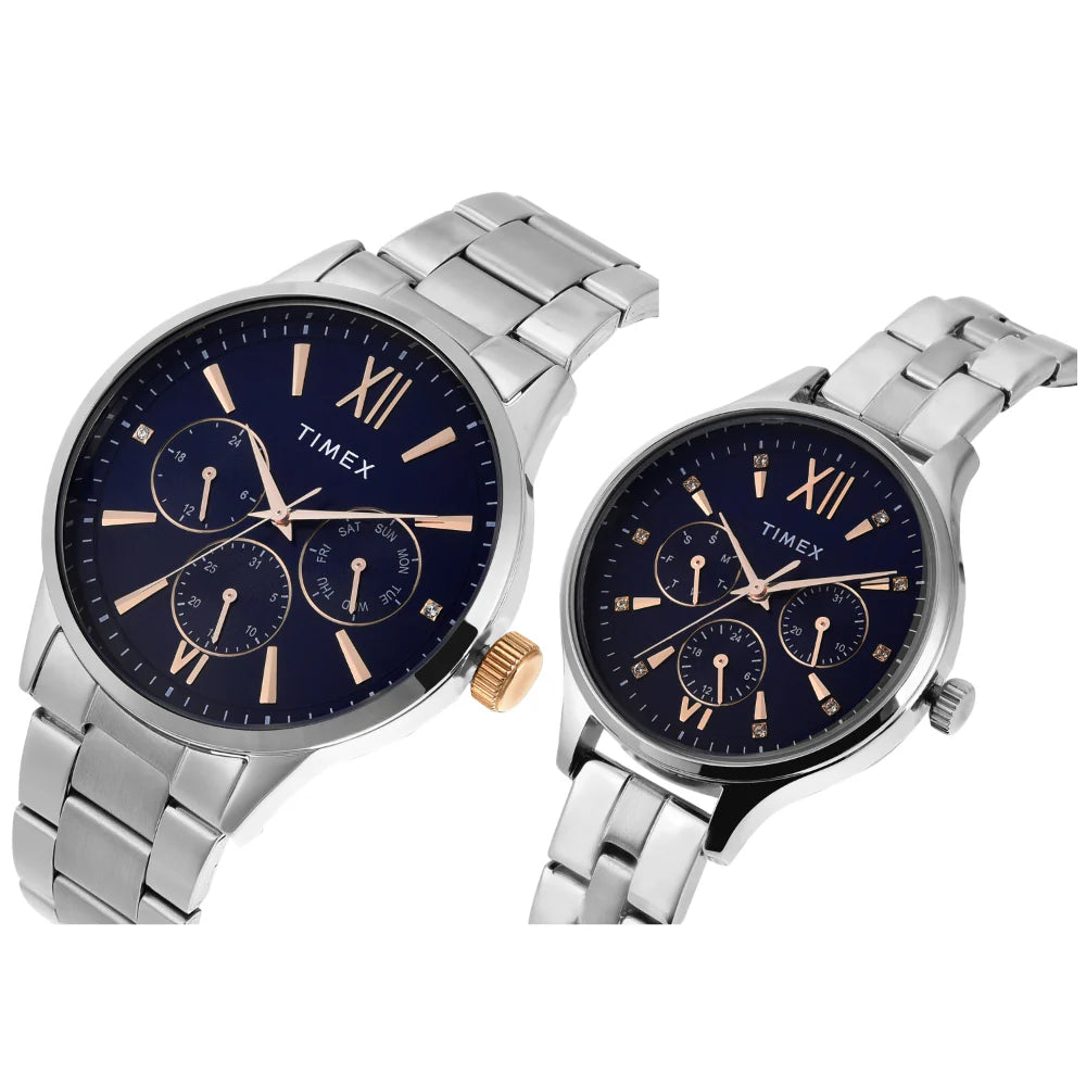 Timex Pairs Blue Round Multifunction Dial Couple Watches - TW00PR305