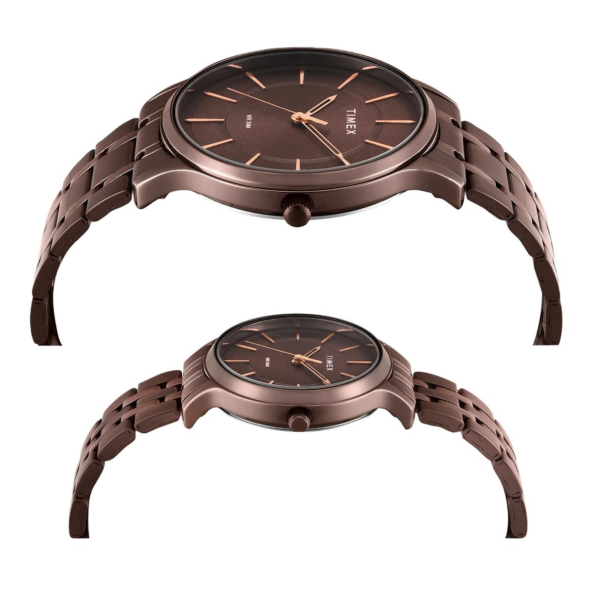 Timex Round Brown Dial Analog Stainless Steel Pair Watch TW00PR364
