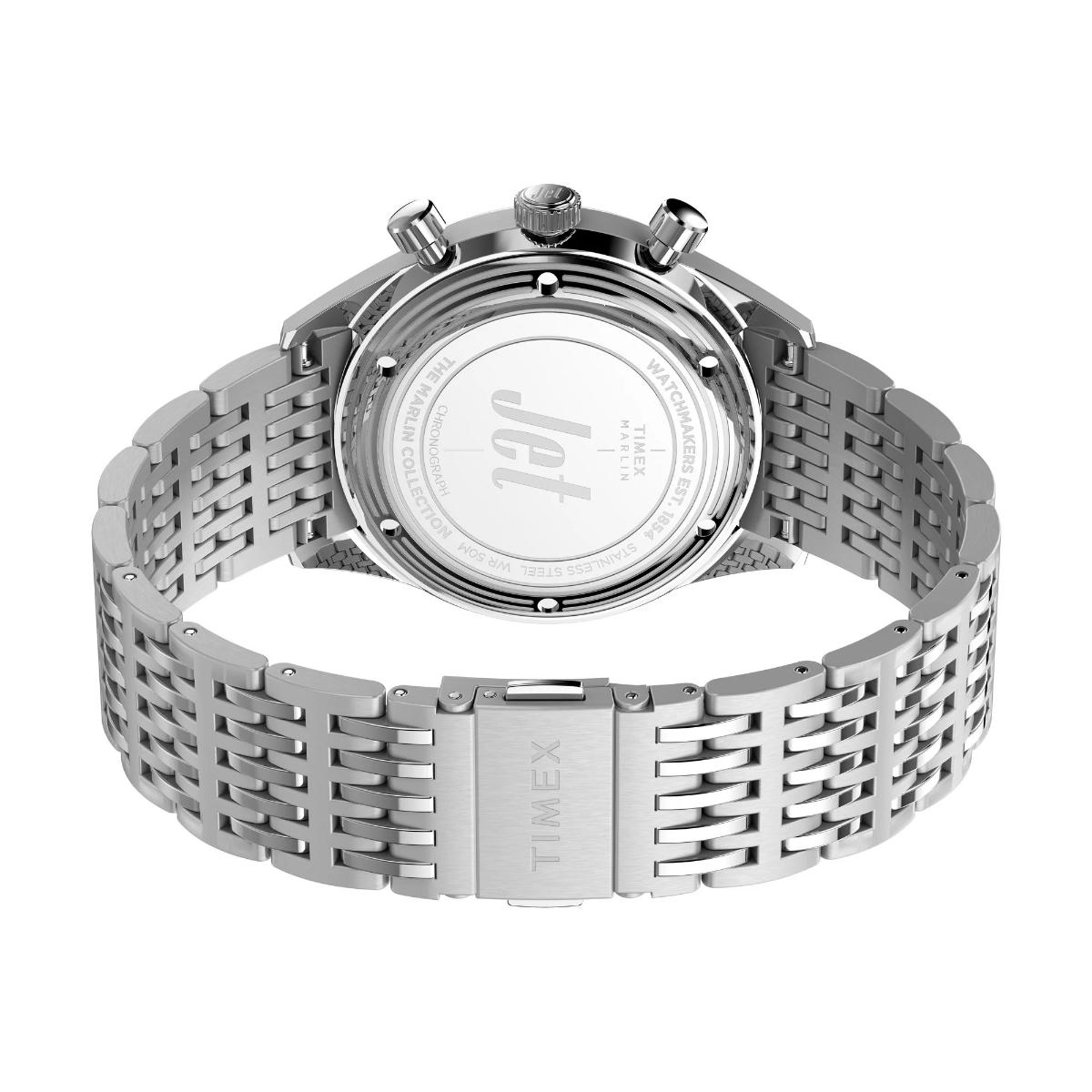 Silver Timex watch with a detailed face on a white background