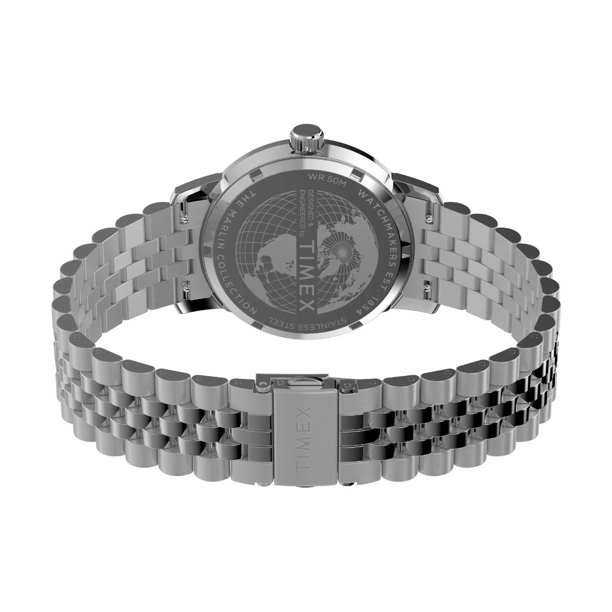 Silver Timex watch with metal bracelet on a white background