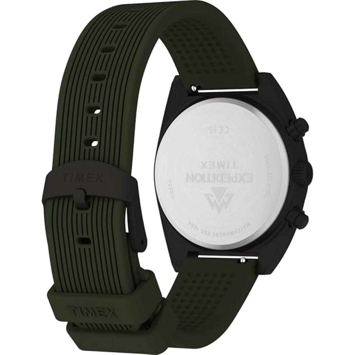 Black Timex watch with a white face on a white background