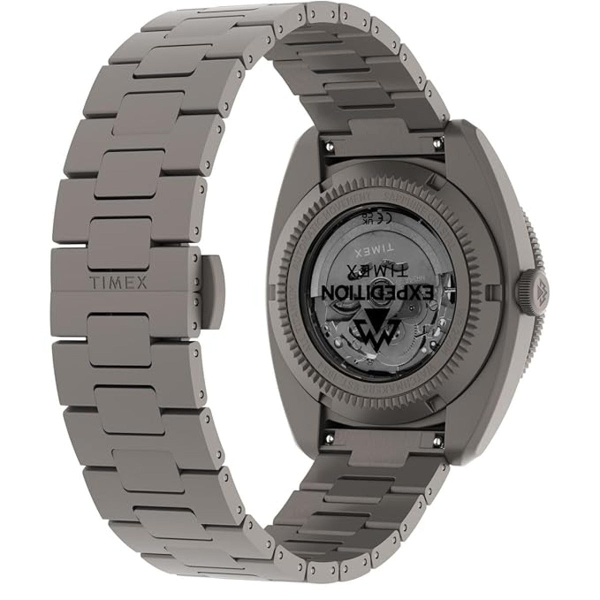 Gray Timex watch with metal band on a white background