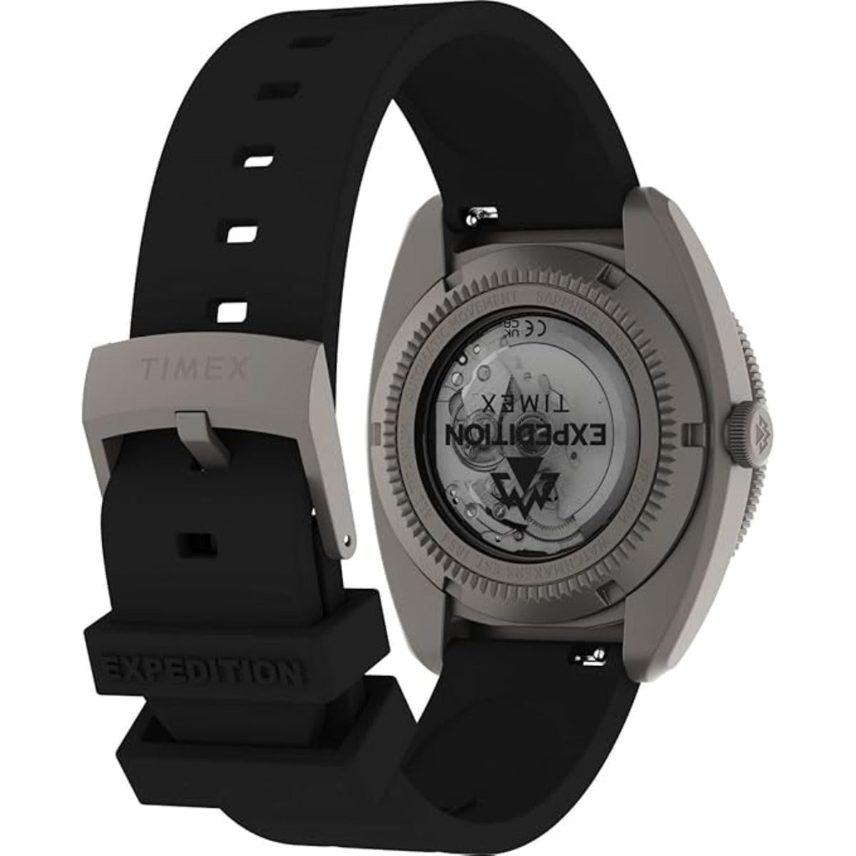 Timex Expedition watch with black strap and gray case on a white background