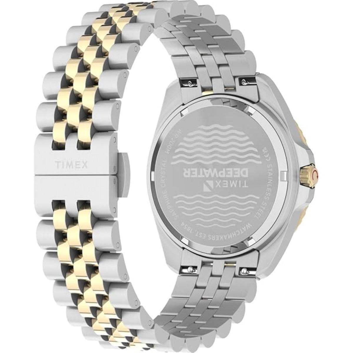 Timex watch with silver and gold two-tone metal band on a white background