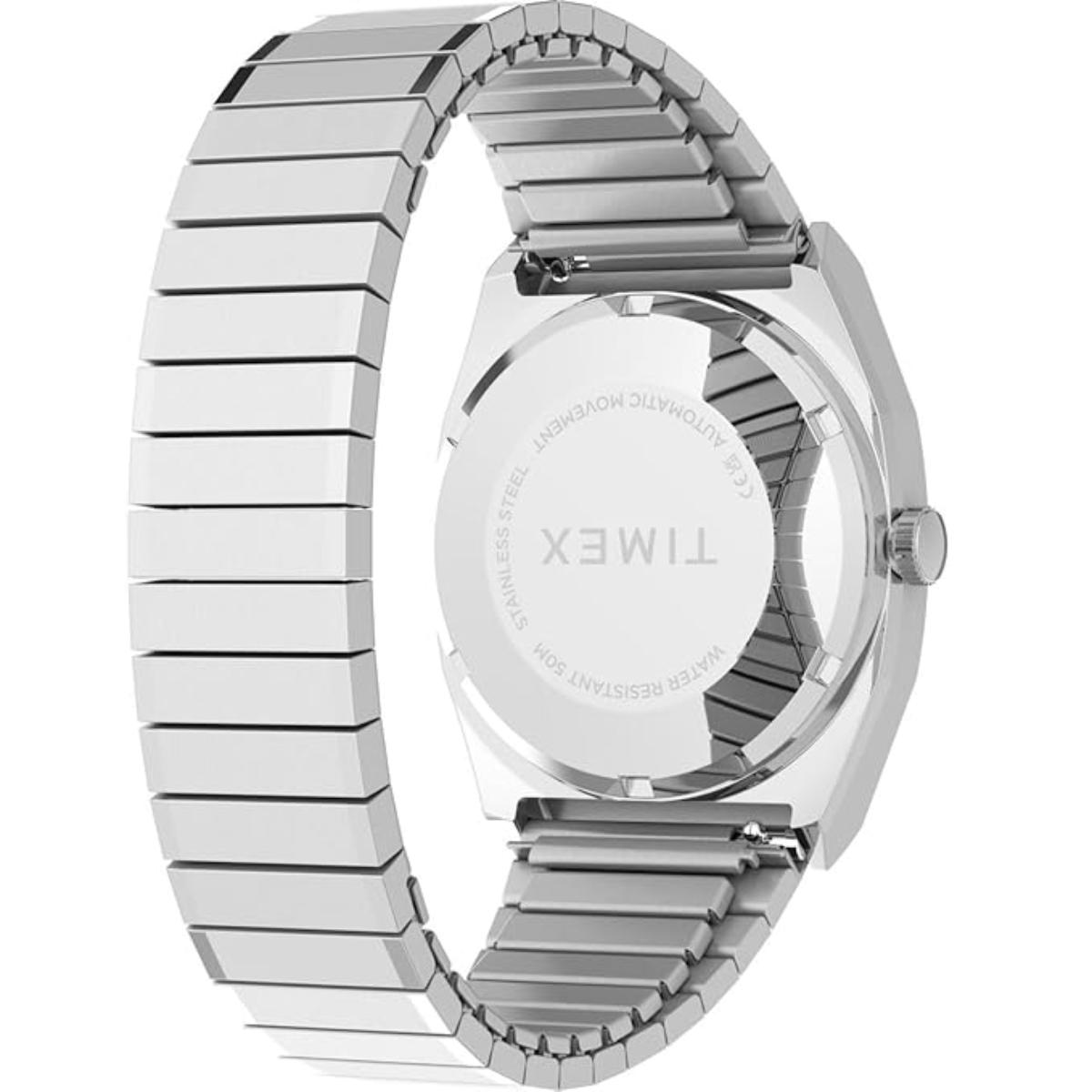 Silver watch with a detailed band on a white background