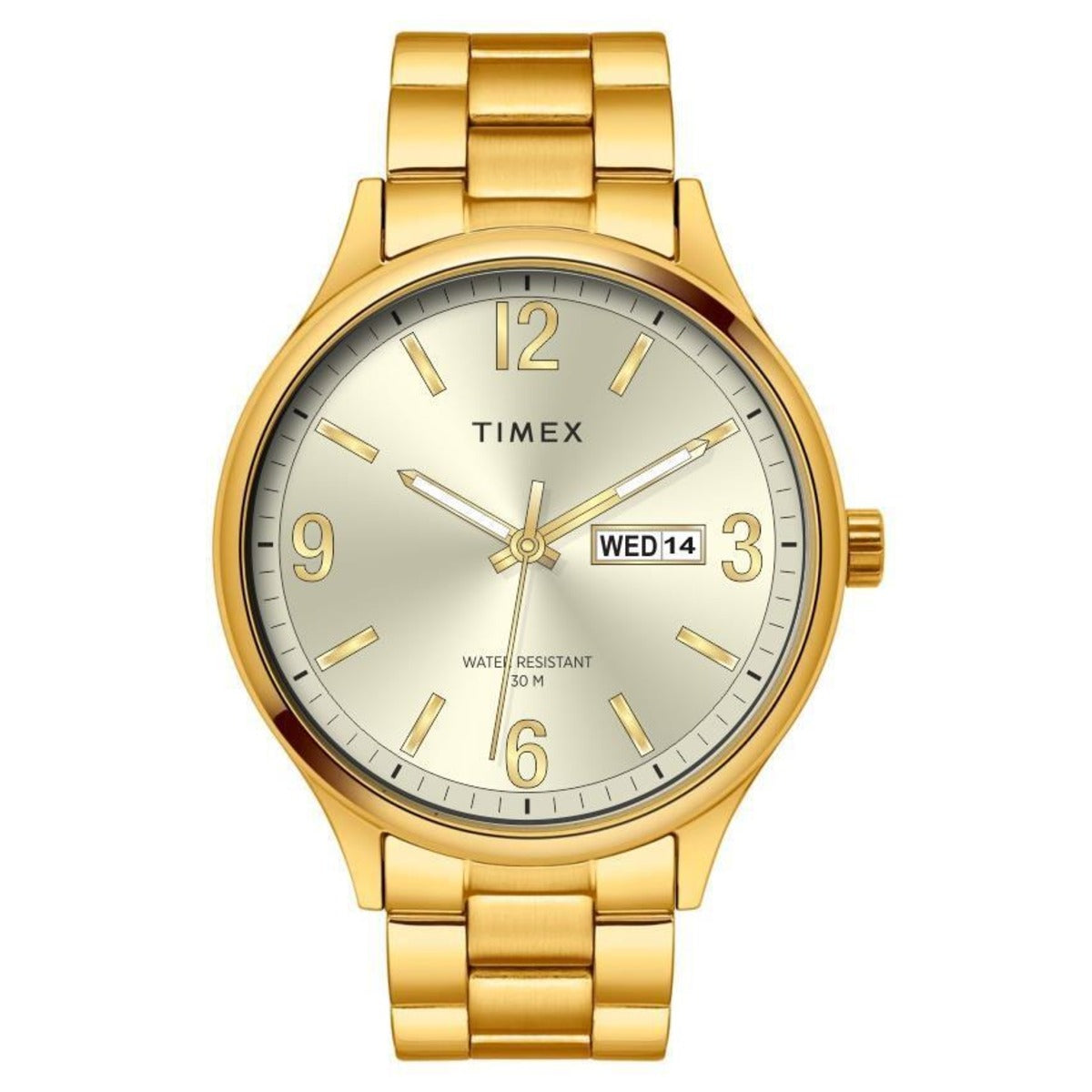 A Timex men's watch with a champagne dial and a stainless steel bracelet.