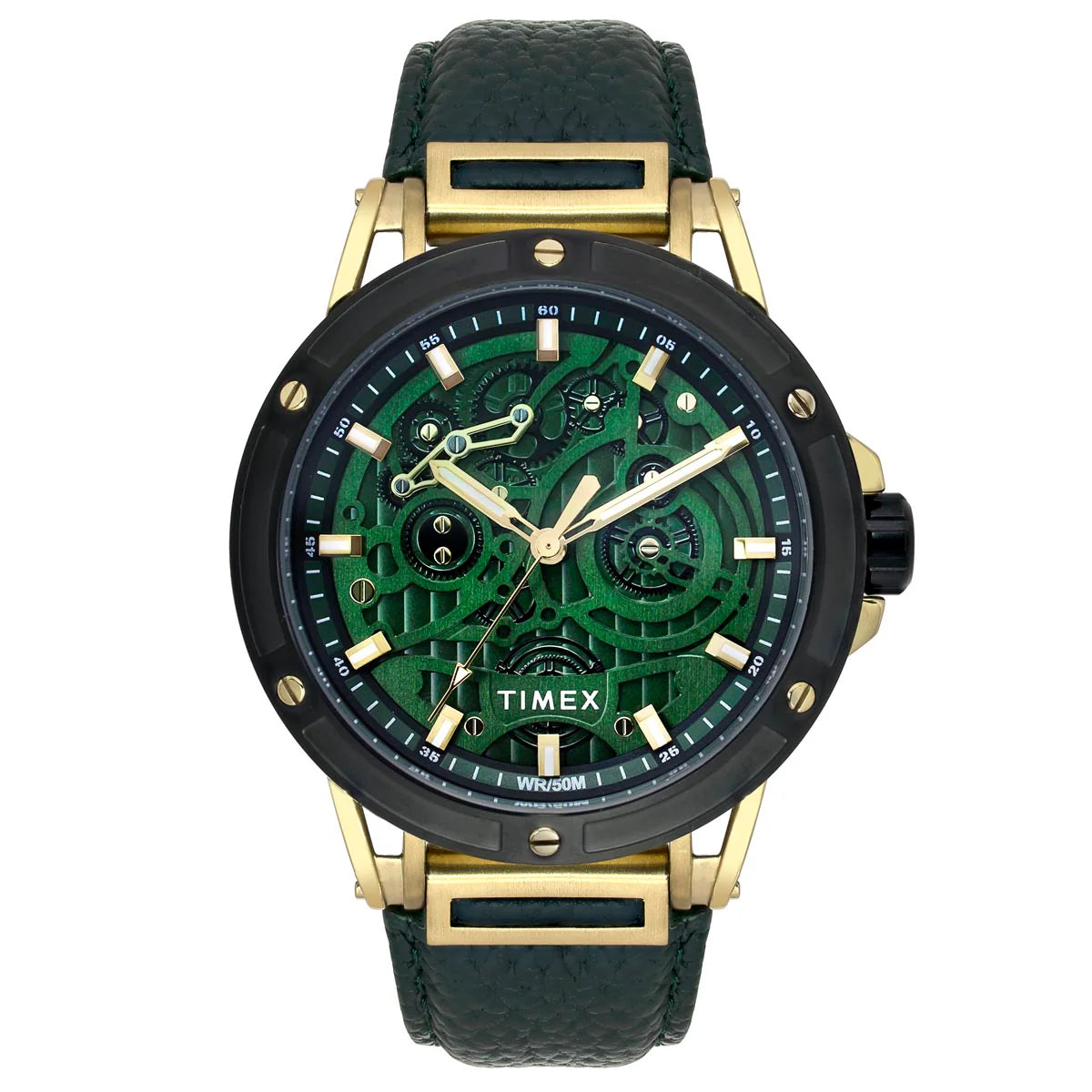 Timex watch with green face and gold accents on a white background