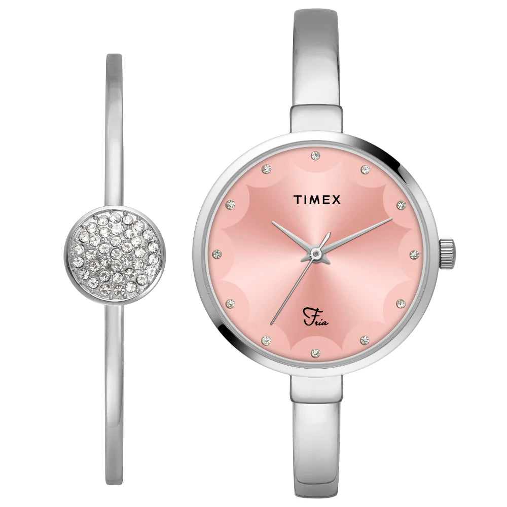 Timex Fria Women Pink Round Watch with Bracelet- TWEL18500