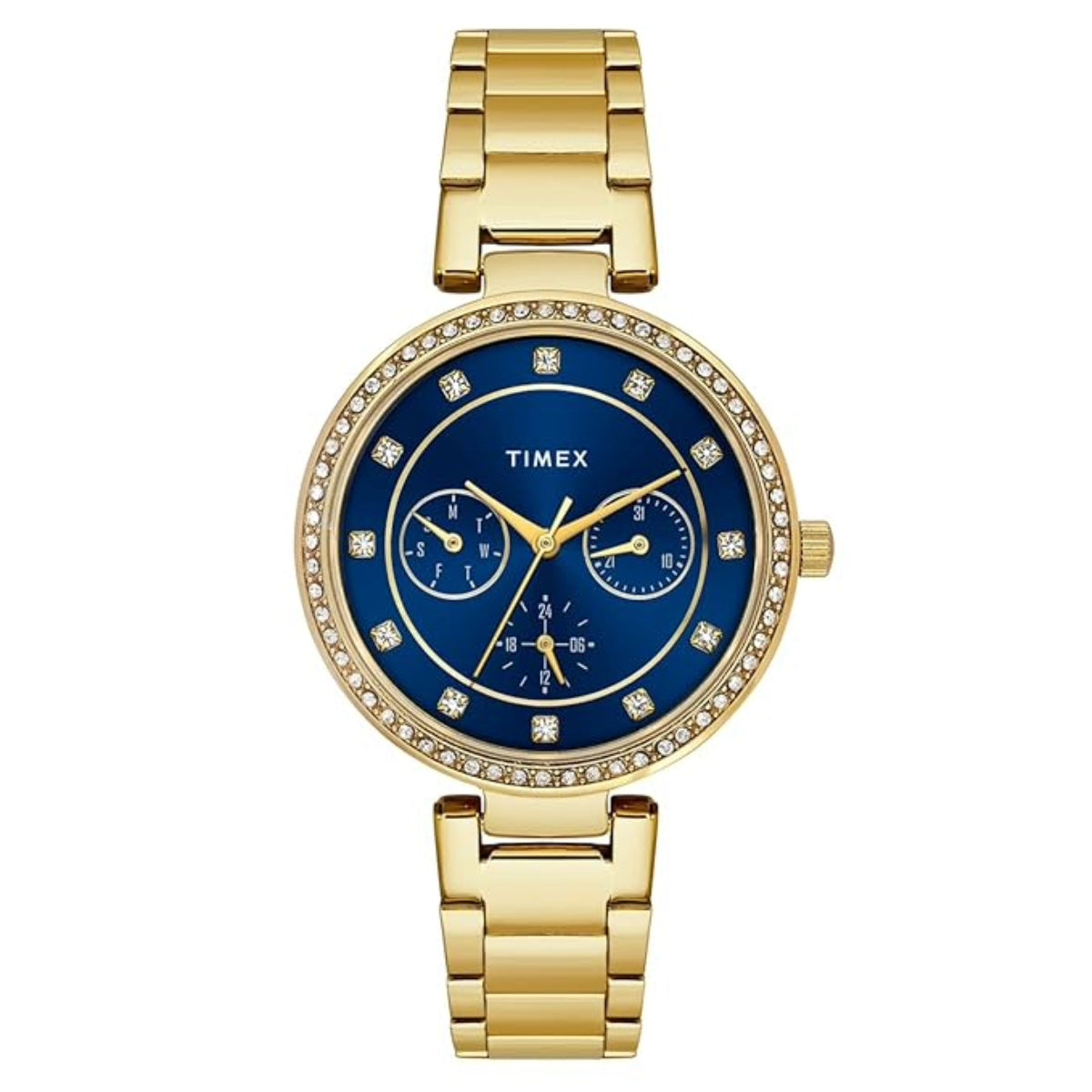 Gold Timex watch with a blue face on a white background