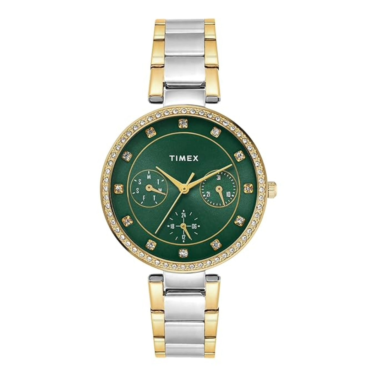 Timex watch with green face and two-tone metal band on a white background