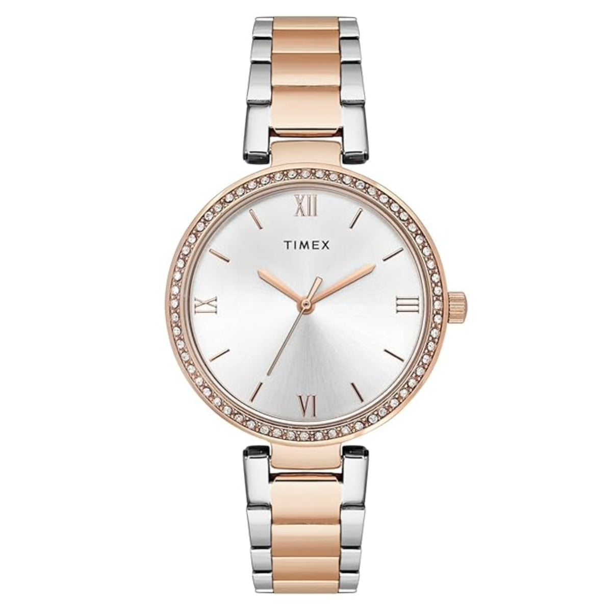 Timex watch with two-tone rose gold and silver band on white background