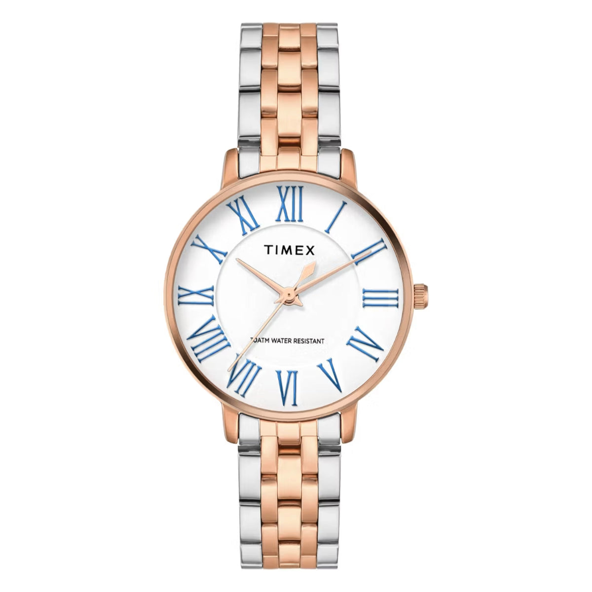 Timex watch with two-tone rose gold and silver bracelet on a white background