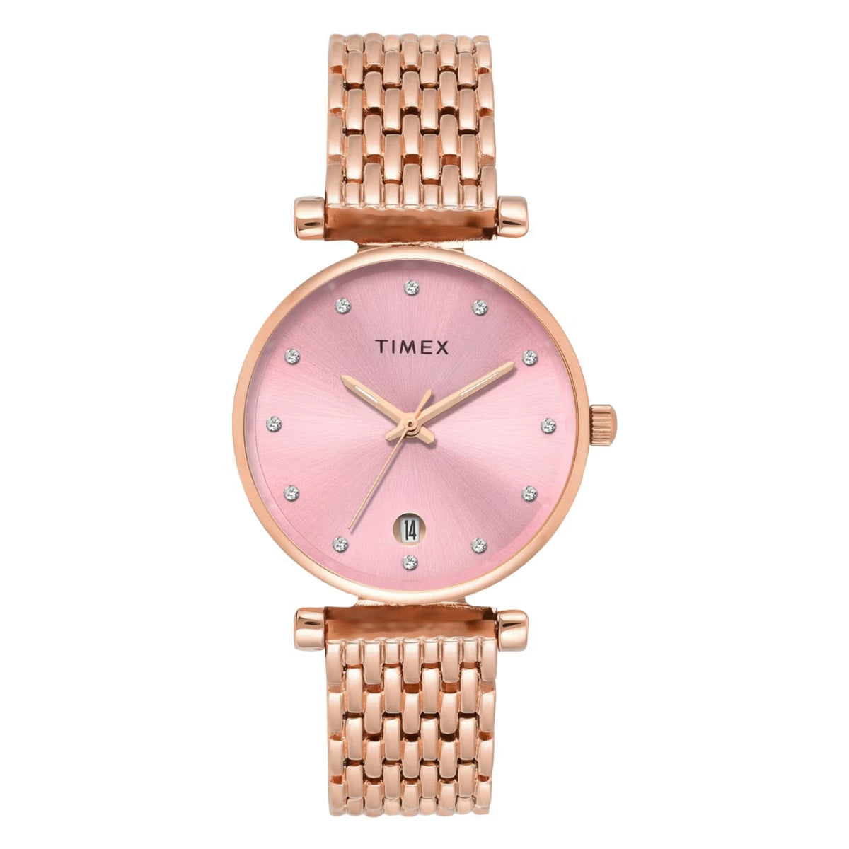 Timex watch with pink face and rose gold band on a white background