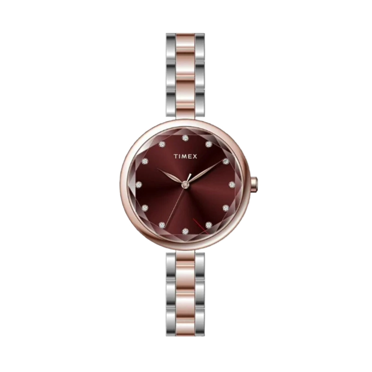 Timex watch with a rose gold and silver band on a light gray background