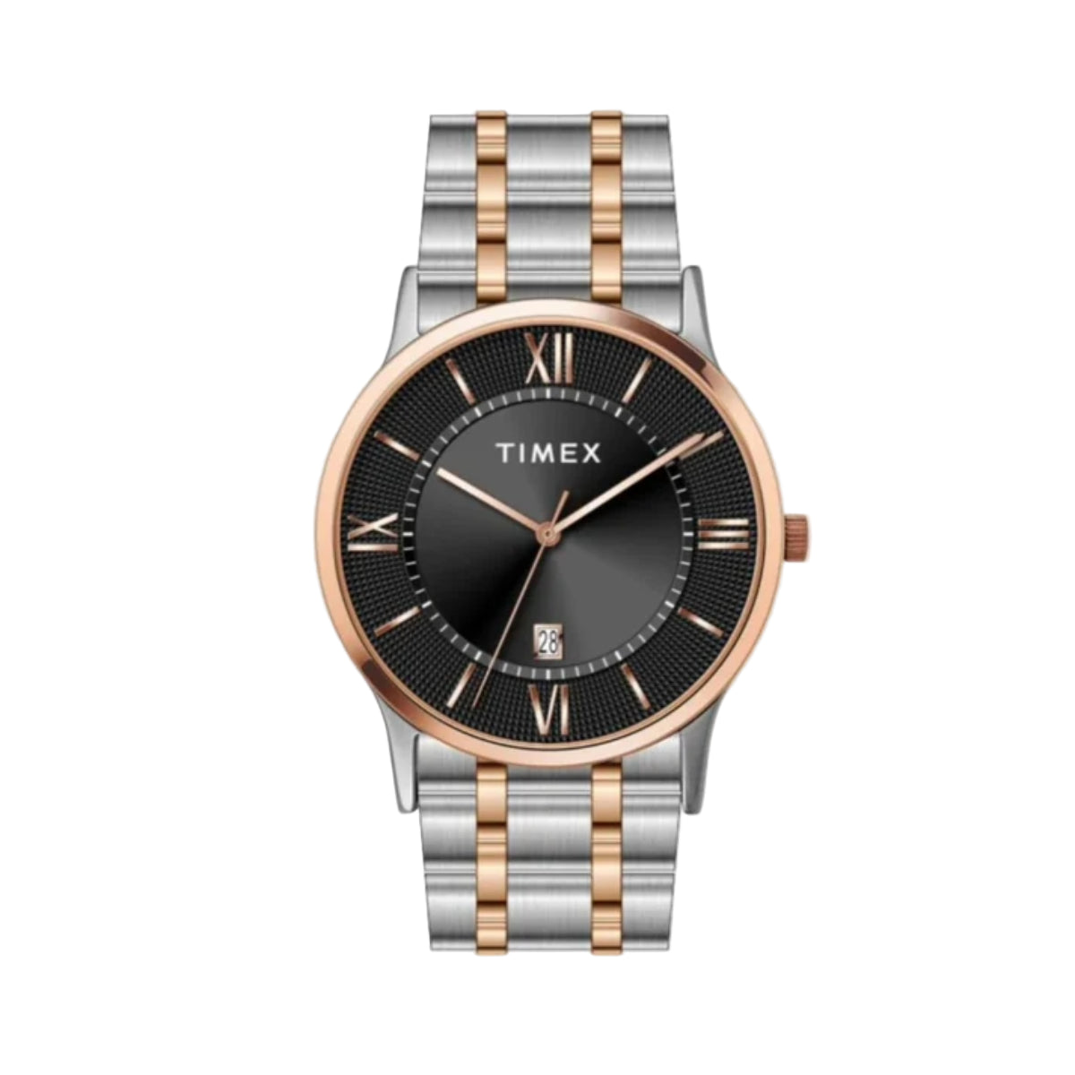 Timex watch with a two-tone metal strap on a light gray background