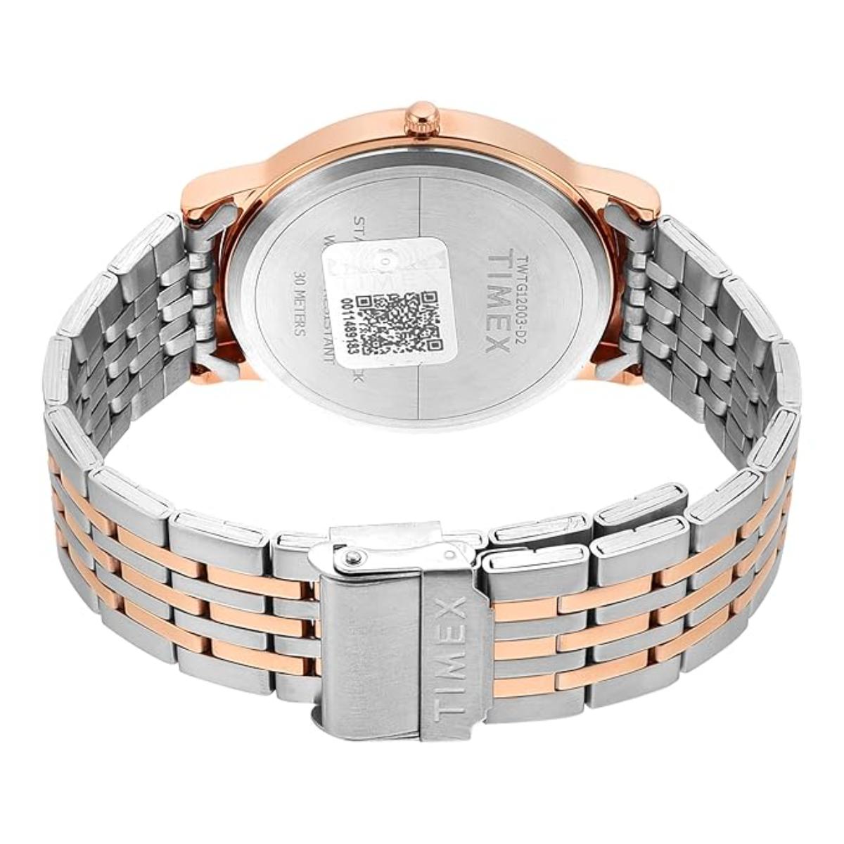 Timex watch with two-tone rose gold and silver band on a white background
