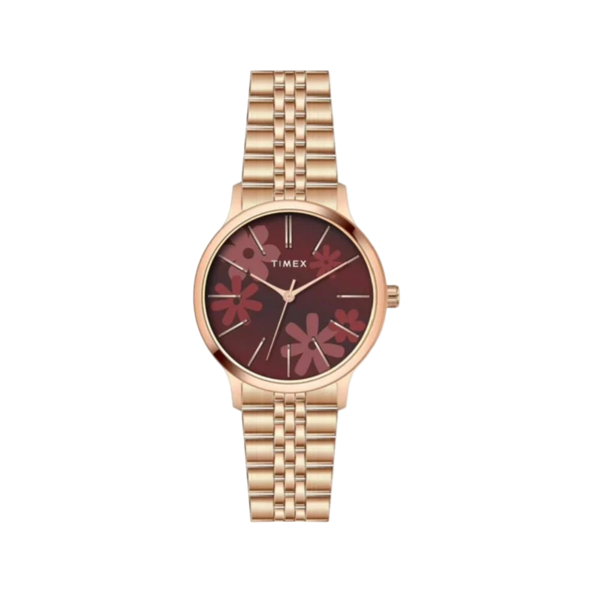 GoldTimex watch with floral design on a light gray background