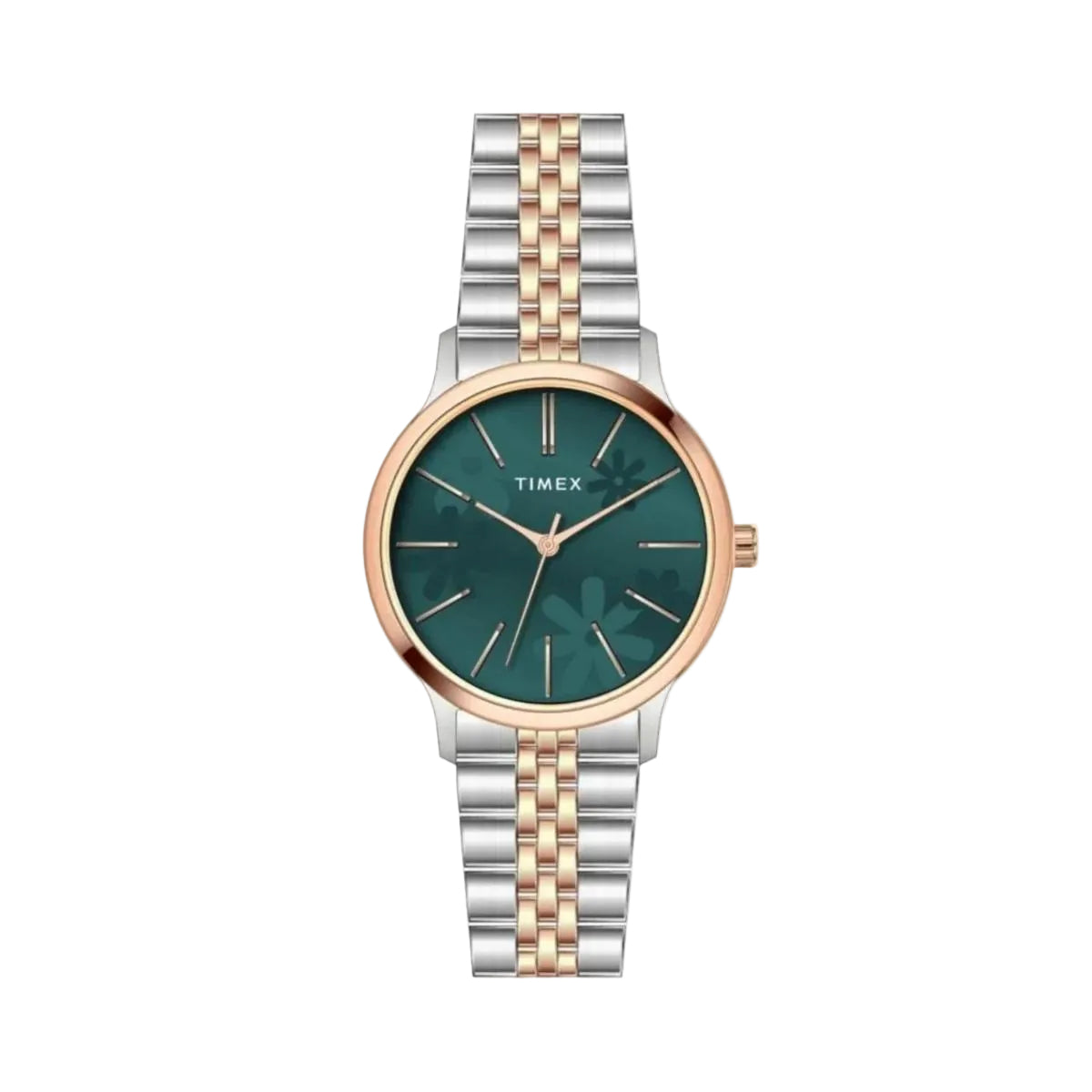 Timex watch with a two-tone metal strap on a white background