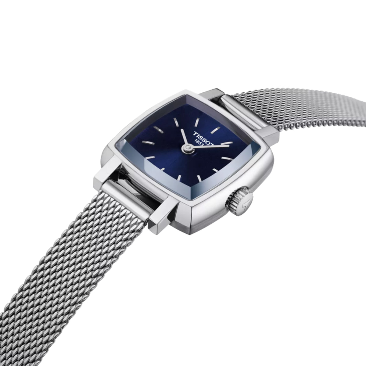 Silver watch with blue face on a white background