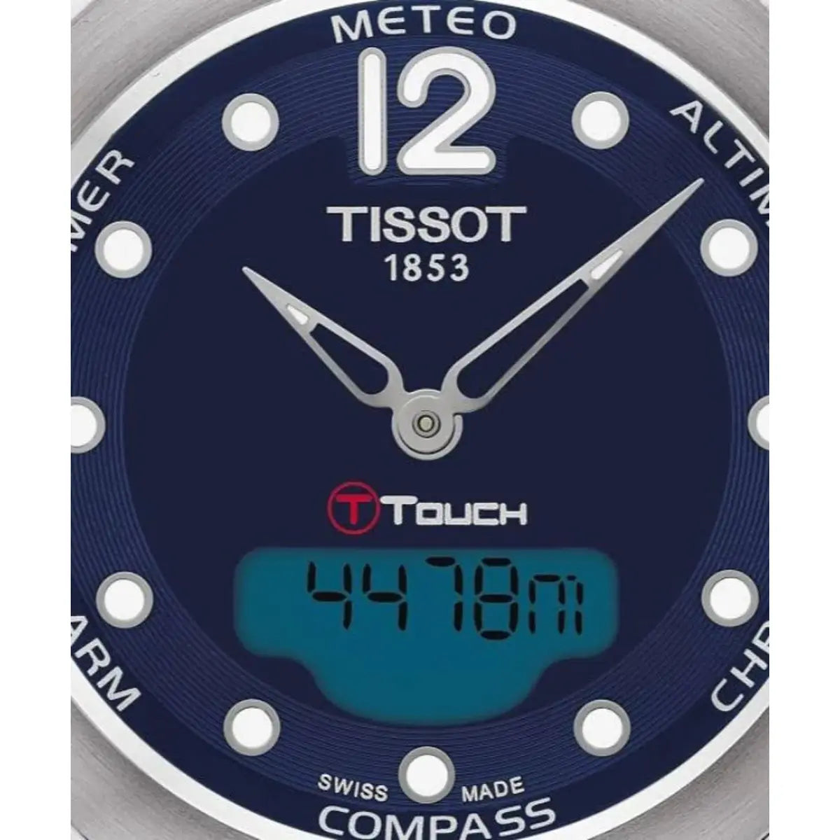 Tissot watch face with blue dial and digital display
