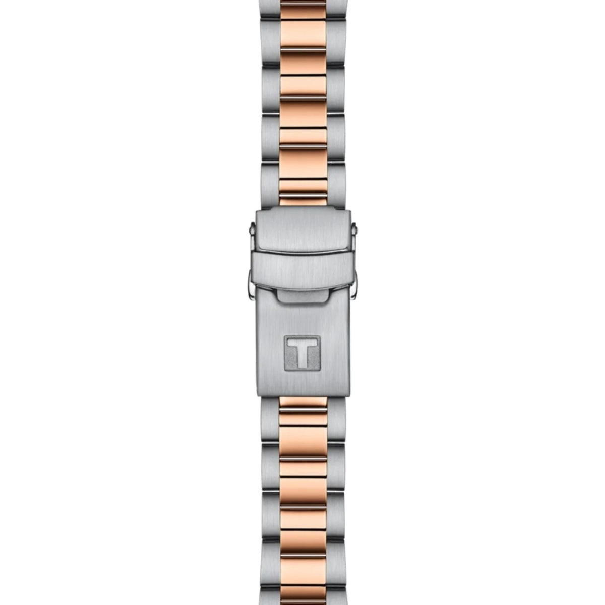 Two-tone watch strap with silver and rose gold design on a white background