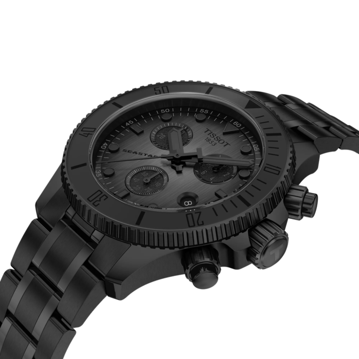 Black Tissot watch with detailed face on a white background