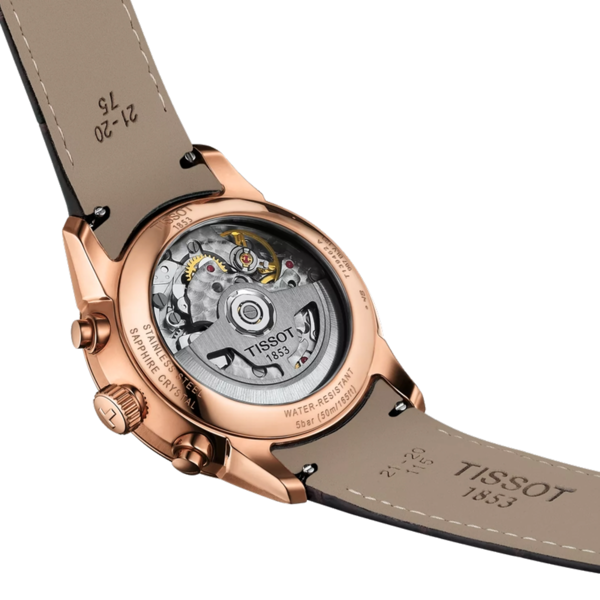 Tissot watch with rose gold case and brown leather strap on a white background