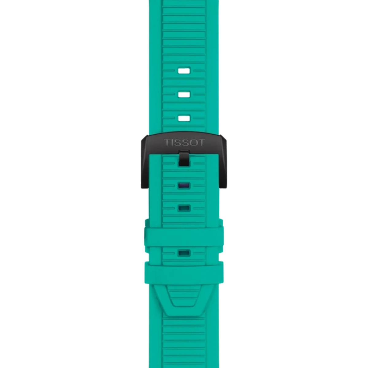 Teal watch strap with Tissot logo on a white background