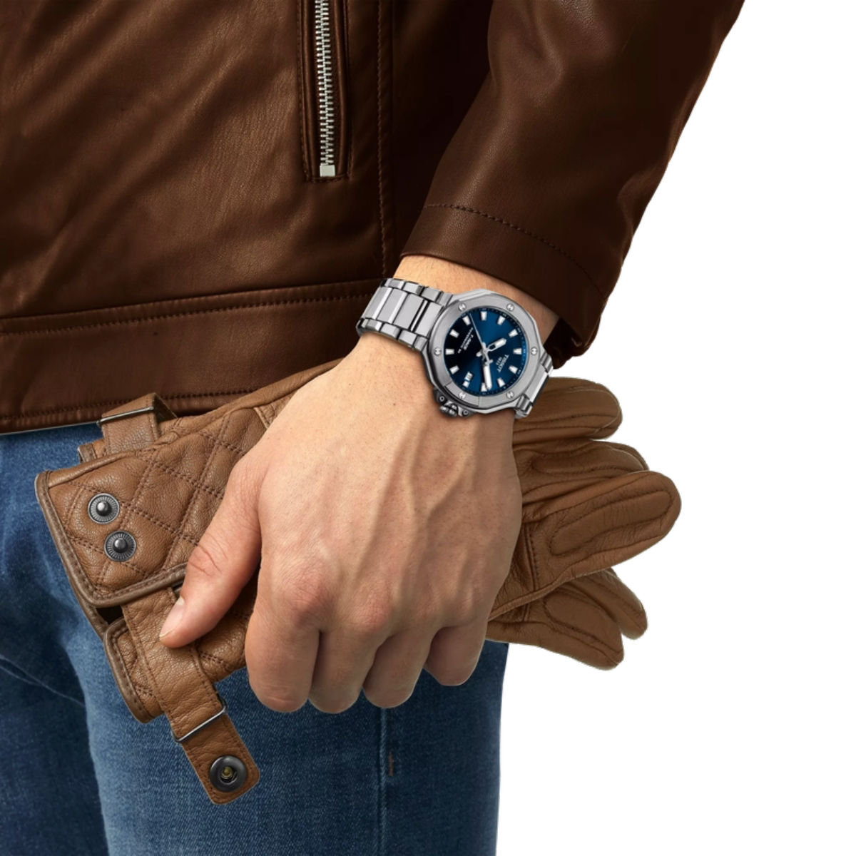 Hand wearing a silver watch with a blue face, holding a brown leather wallet, against a white background.