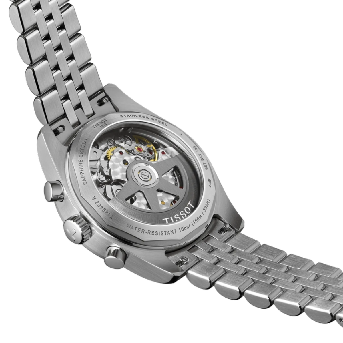 Close-up of a silver Tissot watch with visible mechanical components on a white background