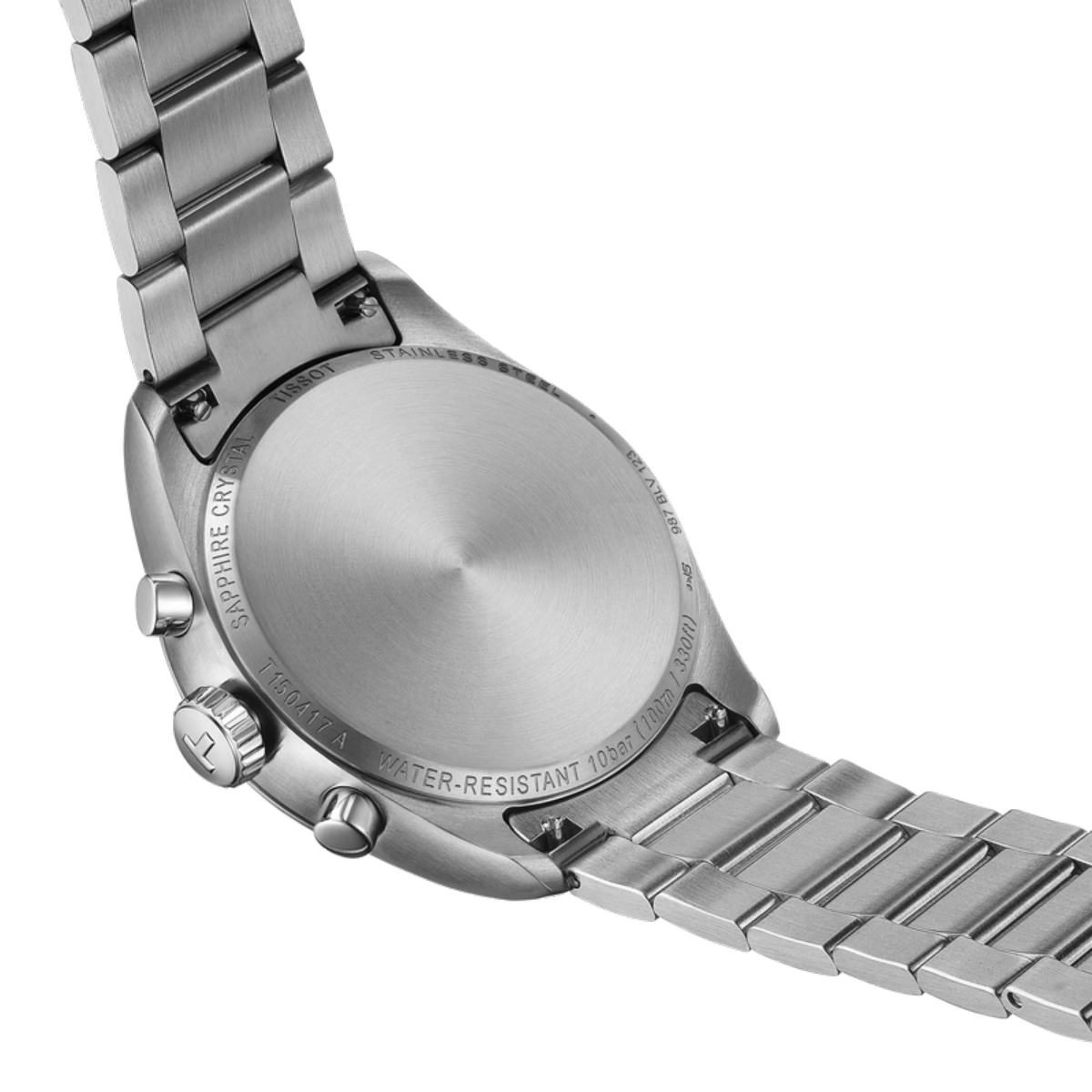 Close-up of a silver watch with a metal bracelet on a white background