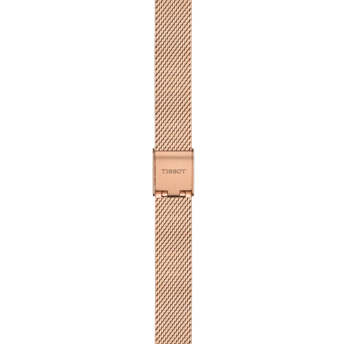 Rose gold watch strap with Tissot logo on a white background