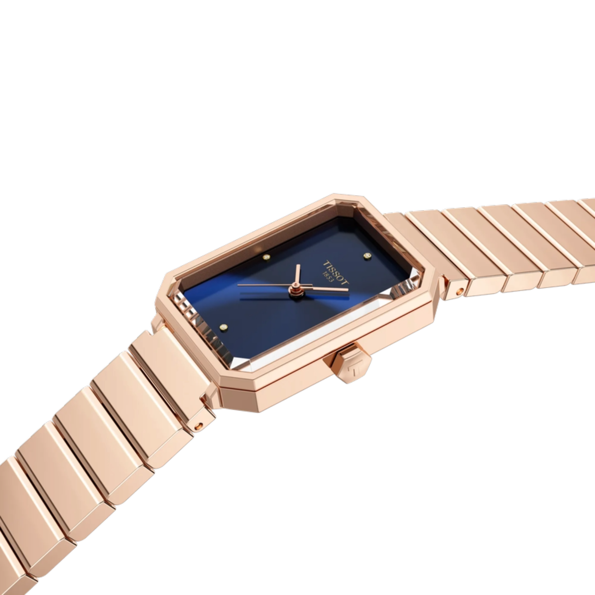 Rose gold watch with blue face on a white background