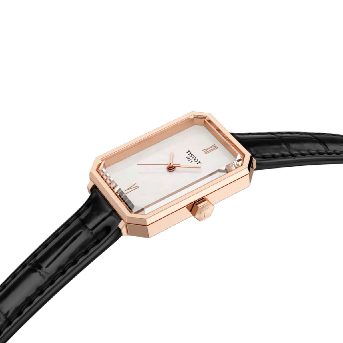 Watch with rose gold case and black strap on a white background
