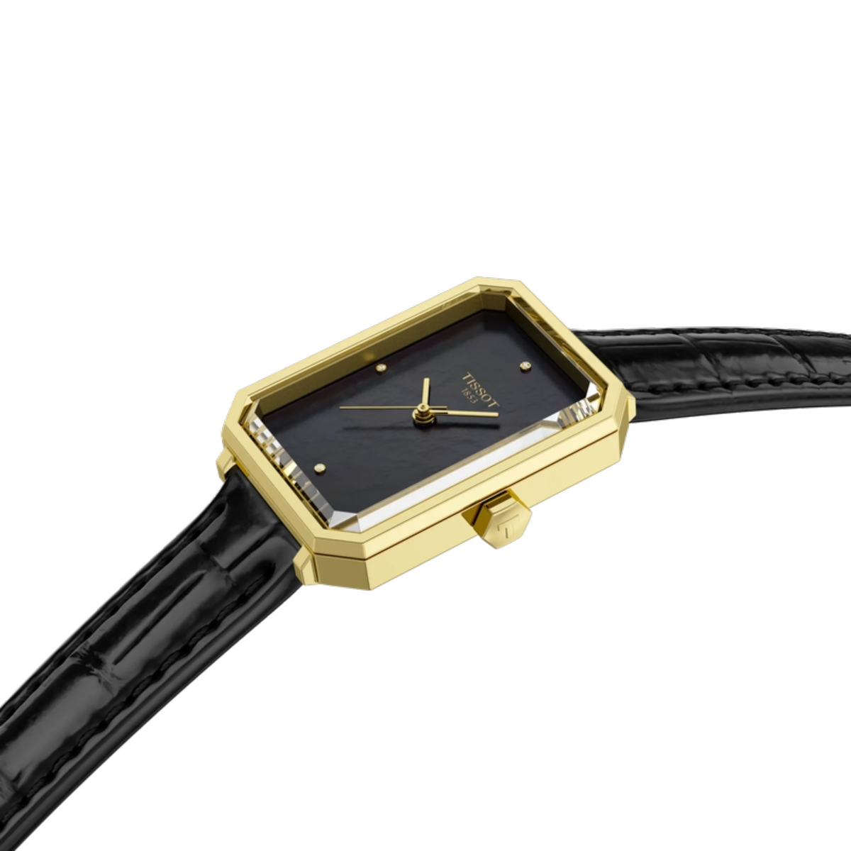 Gold-framed watch with black face and strap on a white background