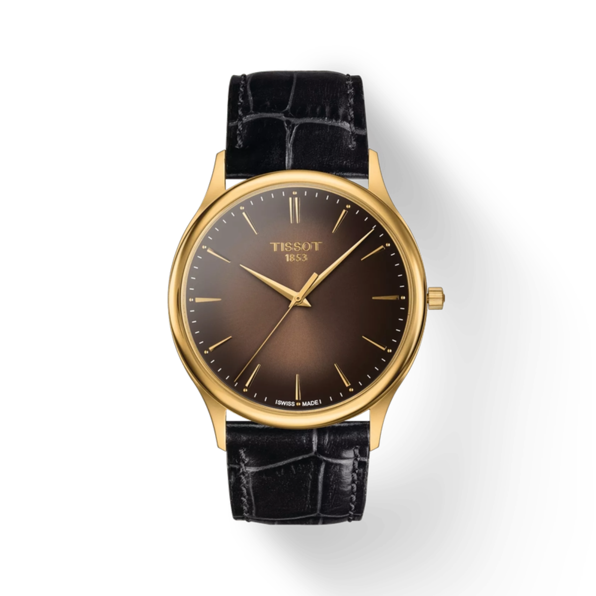 Tissot watch with gold case and black leather strap on a white background