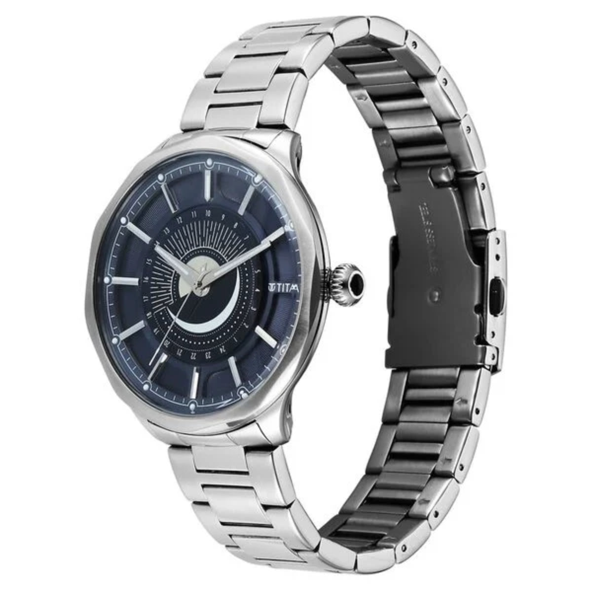 Titan Stellar Analog with Sun Moon Phase and Blue Dial Men Watch 10028SM01