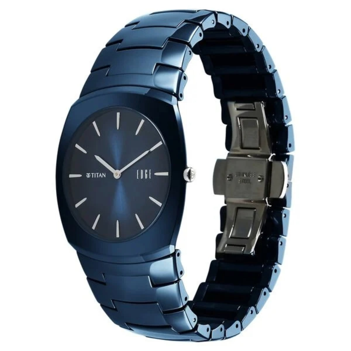 Blue Titan watch with metallic band on a white background