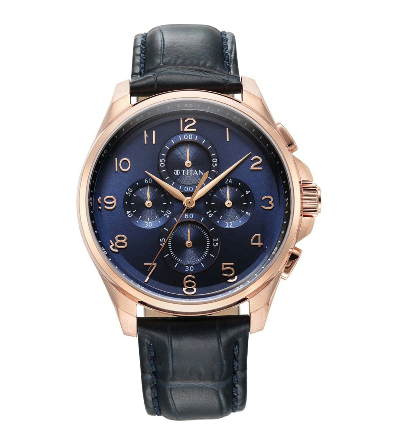 A TITAN Classique Chrono Chronograph Watch for Men with a blue dial, rose gold case, and black leather strap.