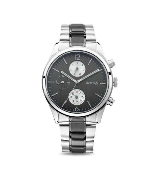 A TITAN Neo Analog Watch for Men with a silver metal strap and a grey dial, featuring a date display and a crown for time adjustment.