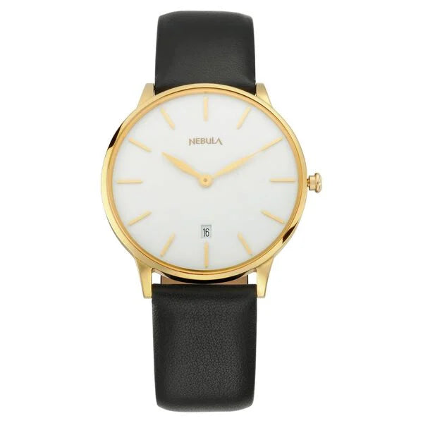 A Titan Nebula analog men's watch with a white dial, 18 karat gold case, and a black leather strap.