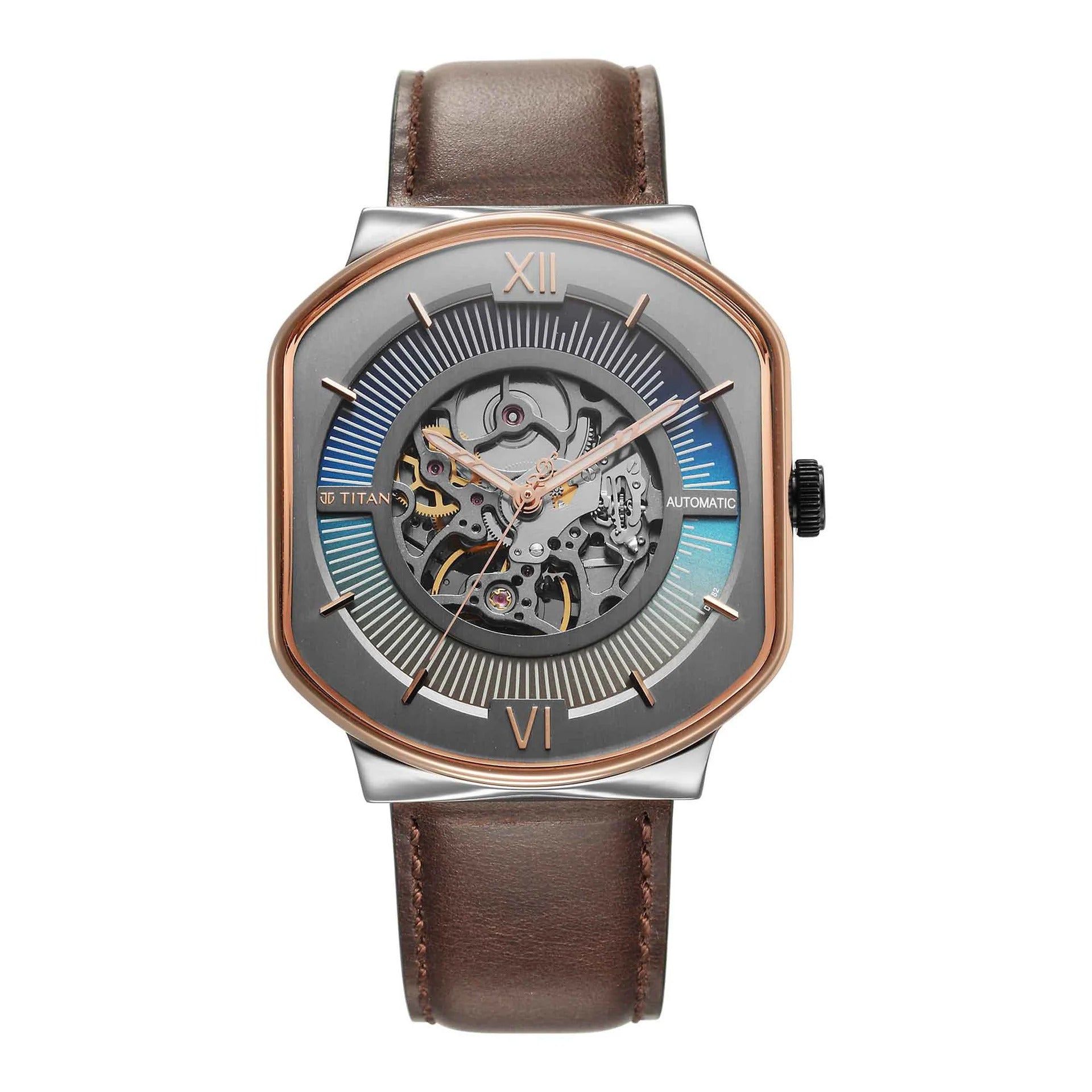 A Titan Techno Beats men's watch with an anthracite dial and a brown leather strap, featuring a skeleton watch face.