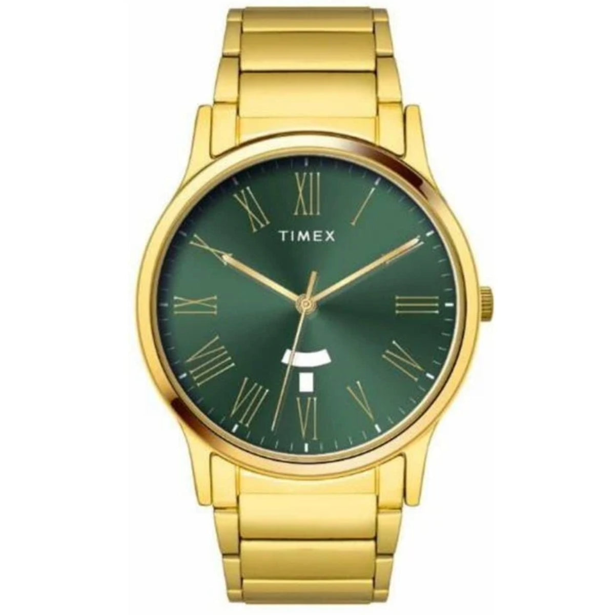 Gold Timex watch with a green face on a white background
